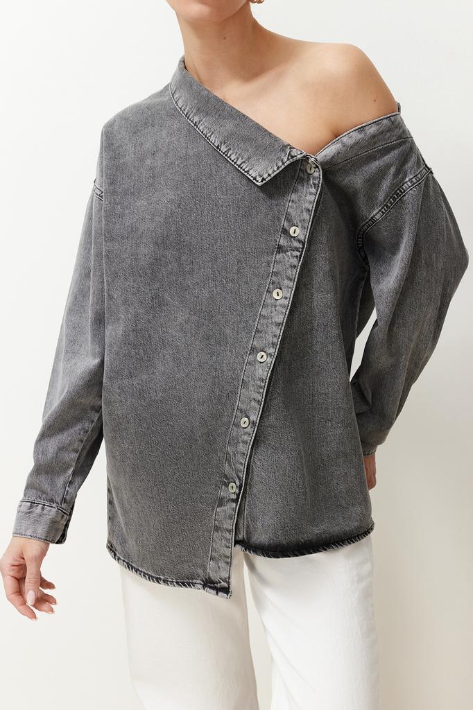 Women's Fashion New Shirt Black Asymmetrical Collar Detailed Denim Shirt