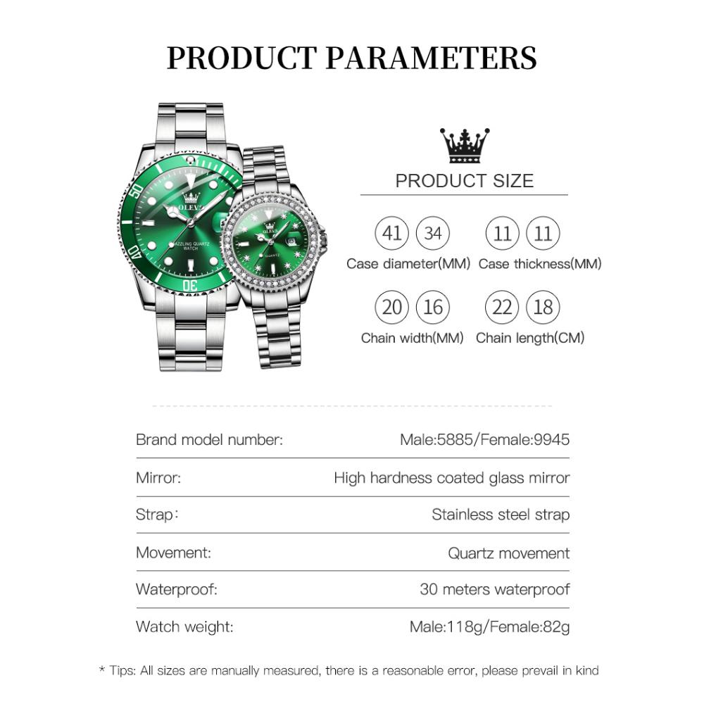 OLEVS Мужские часы Женские часы Зеленая вода Призрак Кварцевые часы Водонепроницаемые часы для пар