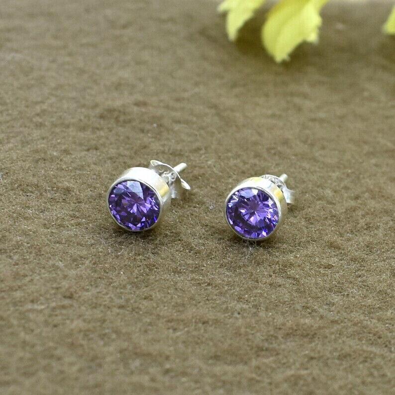 Natural Purple Amethyst Round Stud Earrings 925 Sterling Silver Handmade Earring