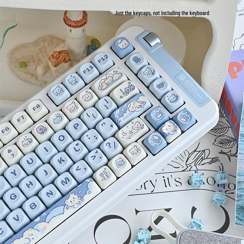 Blue Cute Cartoon Bear Keycap Set - Ice Cream Theme, 75-98 Keys, Highly Sublimated for Mechanical Keyboards