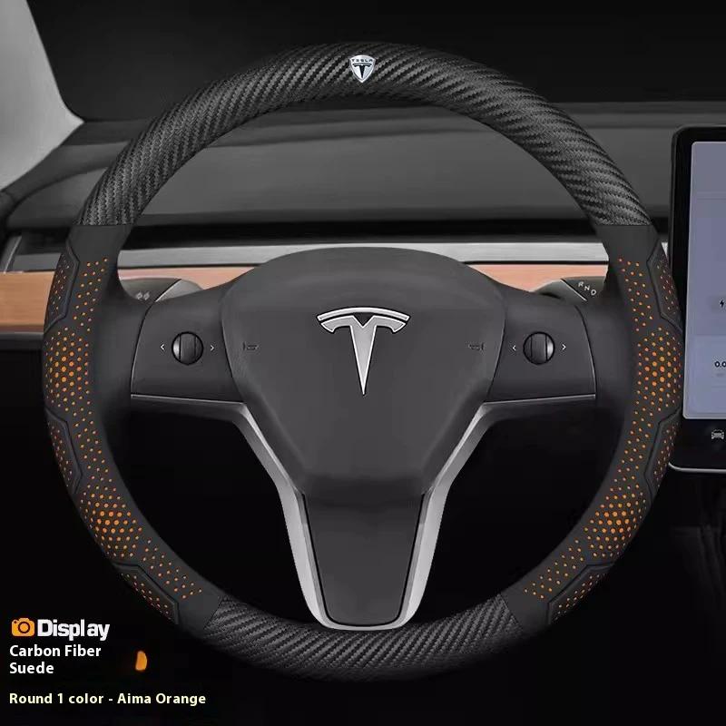 ALM1 Tesla Model 3 Y S Model X Roadster Car Carbon Fiber Suede Leather Anti-slip Breathable Car Steering Wheel Cover Auto Accessories