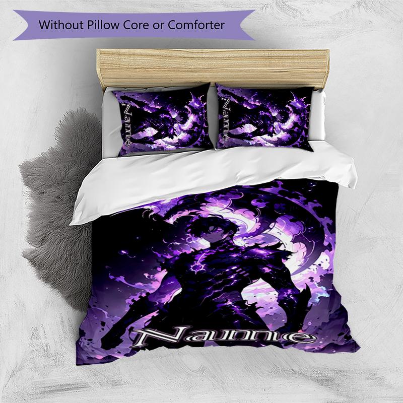 3pcs Custom Name Solo Leveling Bedding Set Duvet Cover Closure Includes 1 Duvet Cover & 2 Pillowcases for All Seasons Bedroom Decor