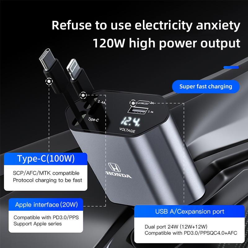 AAAKO1 Car Lighter Charger 120W Super Fast Phone Charging Cable For Honda Civic Fit Jazz Accord Pilot CRV Odyssey Passport City Shuttle