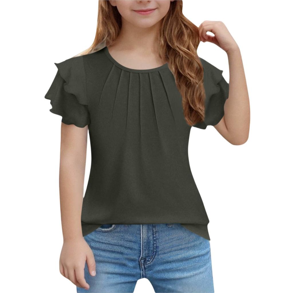 Girls' Ruffled Tee - Solid Color Short Sleeve Casual Top
