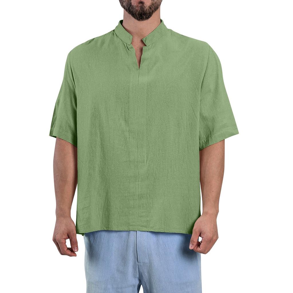 Мужские летние однотонные топы из хлопка и льна с V-образным вырезом и рукавами-пять точек, повседневные модные топы для мужчин