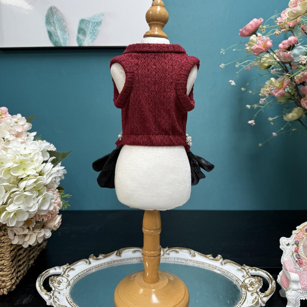 2025 Autumn Winter Puppy Overalls Handmade Knit Cotton Red Black Princess Dresses For Small Medium Dogs Pet Clothes Chihuahua