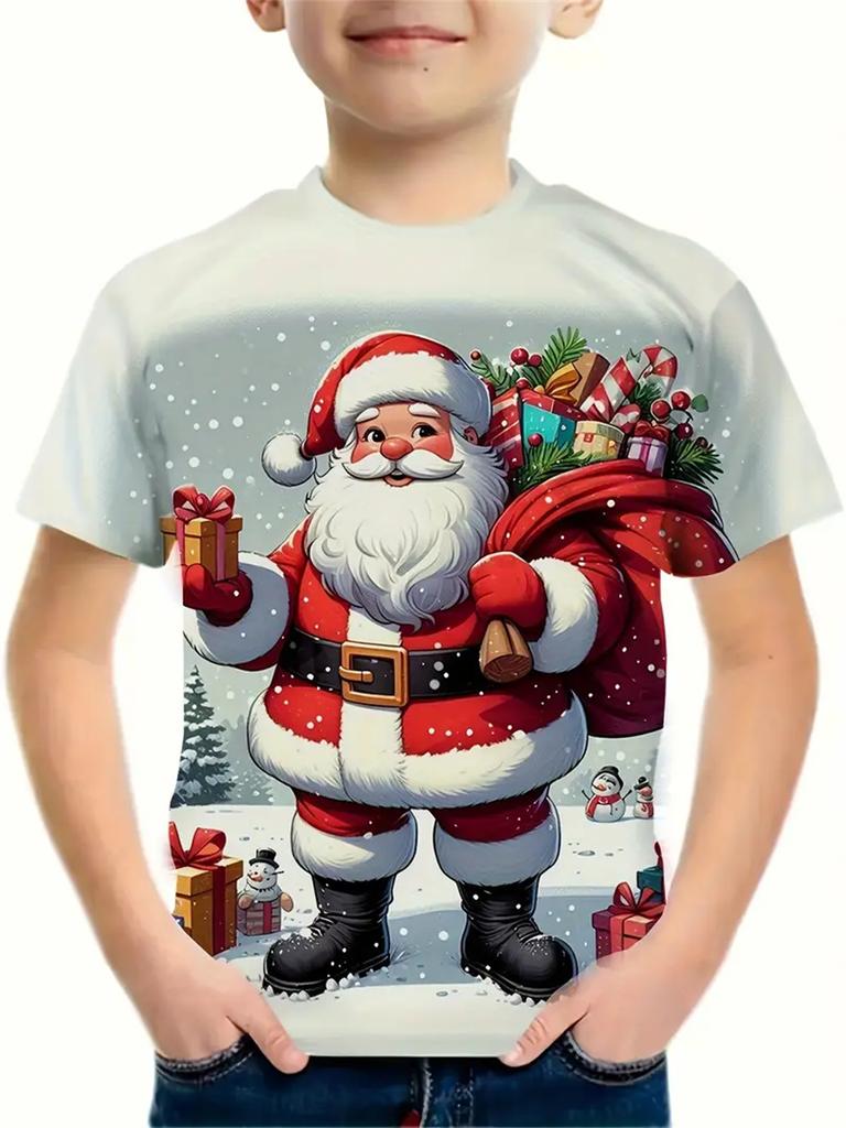 Рождественская одежда 2025 года Футболки для мальчиков и девочек Новогодние футболки Повседневная детская одежда с принтом Санта-Клауса Футболка