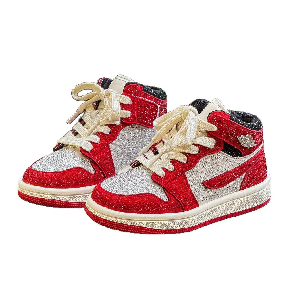 2026 Spring Children's Fashion High-Top Red Rhinestone Sneakers