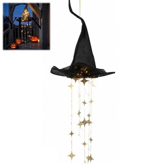Trick or Treat Party Supplies Lighted Witch Hat Hanging Chime, Halloween LED Ornament with Sparkling Star Props Tassels, Magical Light for Porch