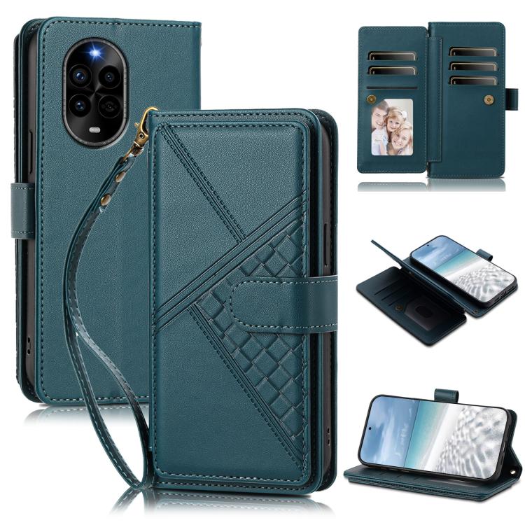 Embossed Secure Clasp 9-Card Slot Vegan Leather Phone Case with Wrist Strap