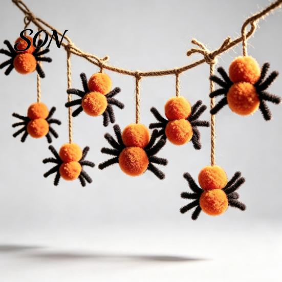 Plush Spider Hanging Decor 78 Inch Halloween Banner, Mini Black Orange Wall Ornament for Home Pom Garland Party, Fireplace, Window Sign