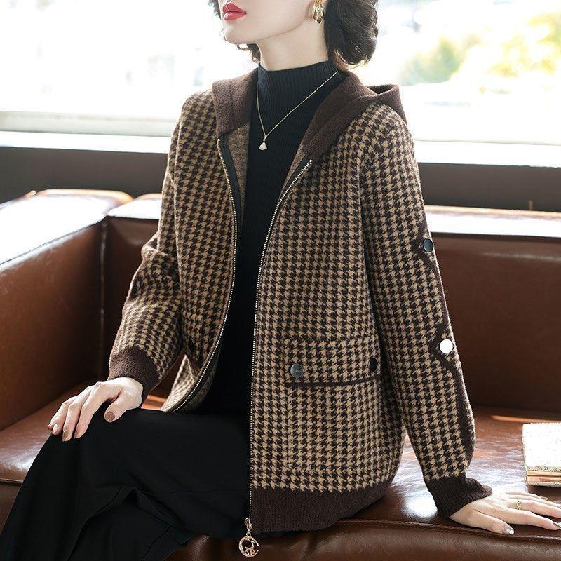 Женское корейское пальто с капюшоном в гусиную лапку - Модное, Молодящее и Повседневное для Осени/Зимы