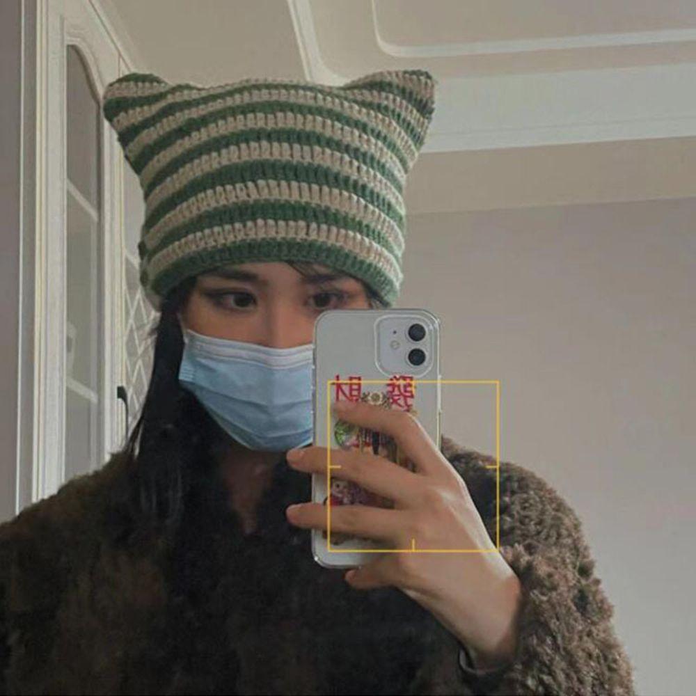 Cat Ears Women's Hats Autumn Winter Striped Japanese Beanie Hat Knitted Wool Cap Ins Little Devil