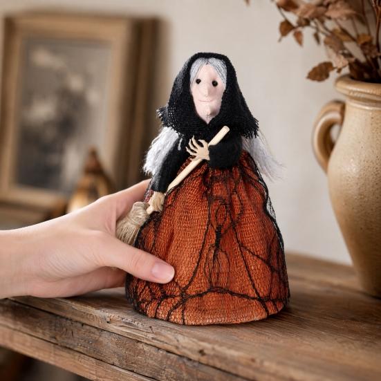 Halloween Kitchen Witch Doll Small Witch Statue with Broom Tabletop for Table