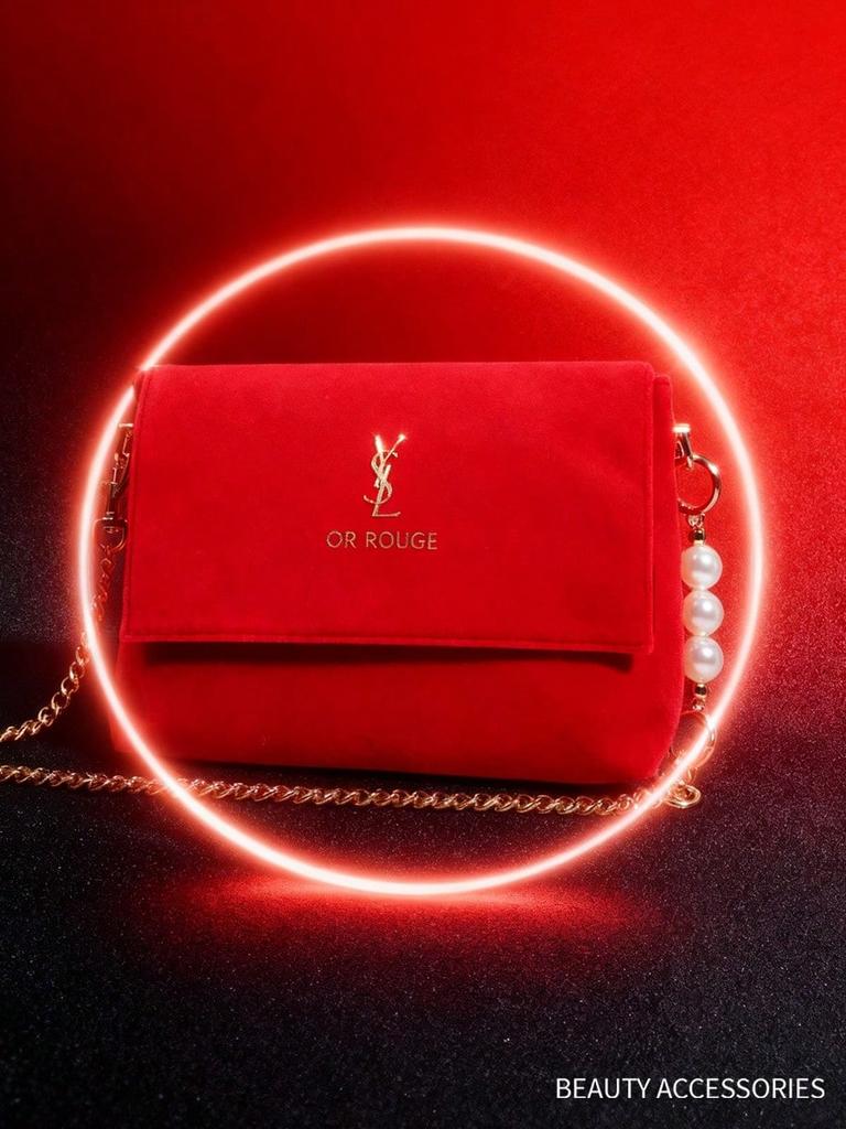 YSL Red Velvet Flap Crossbody Bag with Pearl & Gold Chain Strap Elegant Evening Shoulder Purse for Women