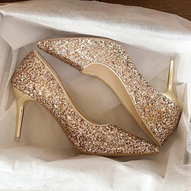 Туфли-лодочки с острым носком и неглубоким вырезом, на высоком каблуке-шпильке, женские новые туфли для свадьбы, расшитые пайетками, изысканные хрустальные серебристые, большой размер 41