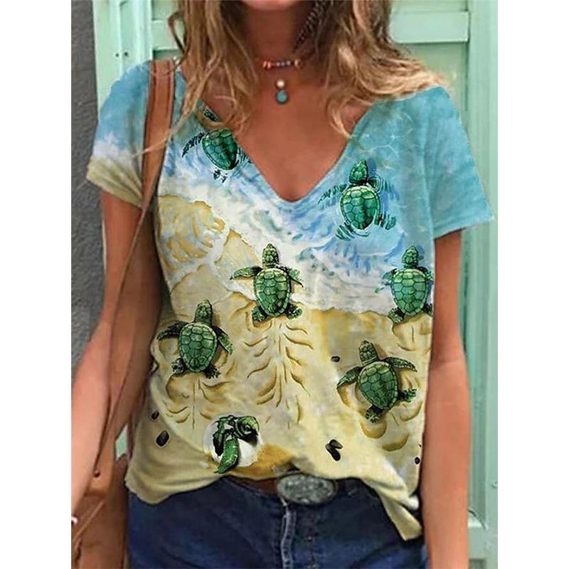 Женская футболка с V-образным вырезом и 3D-принтом в виде дельфина. Модная футболка с короткими рукавами и принтом.