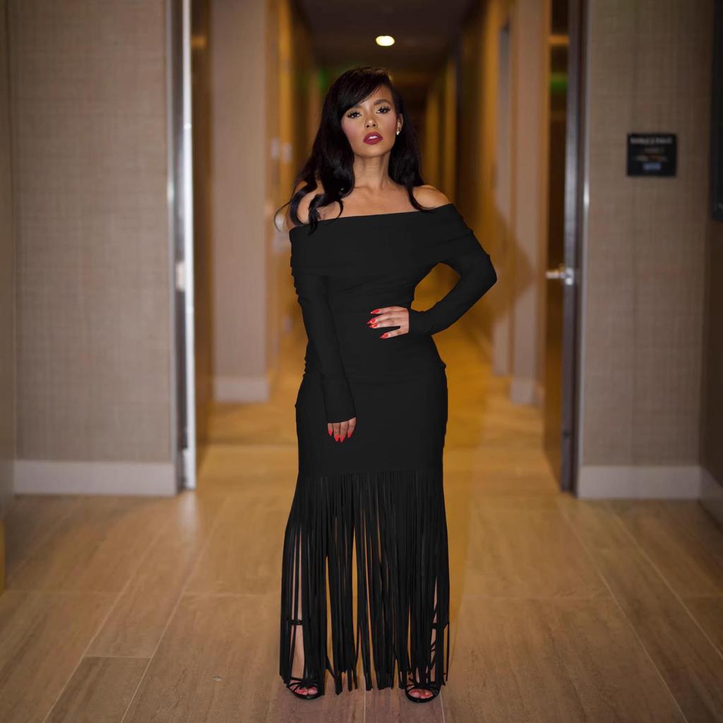 Европейское и американское вечернее платье-футляр на одно плечо с бахромой