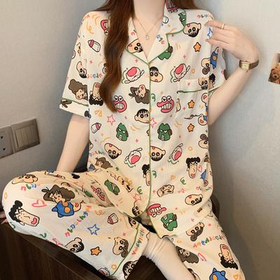 Мэнцю Мультяшная Пижама из Облачного Хлопка Женская Летняя с Коротким Рукавом и Брюками Комплект Домашней Одежды