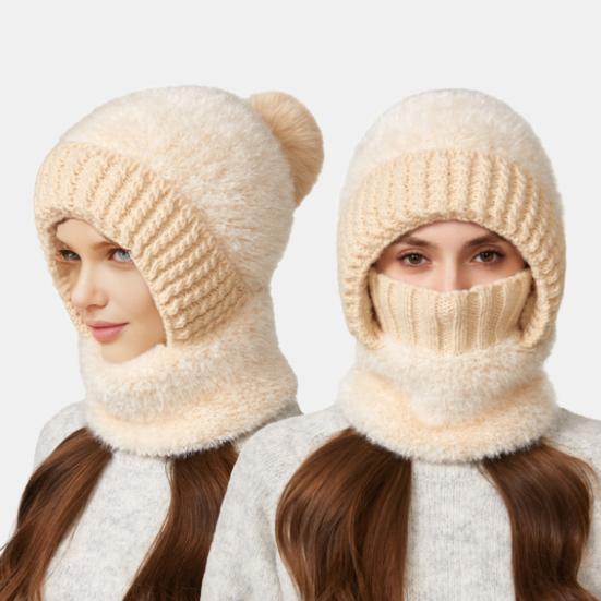 Yousheng Riding Headgear 3 In 1 Hat Scarf Face Guard Solid Color Plush Ball Decor Thickened Warm Windproof Winter Hat