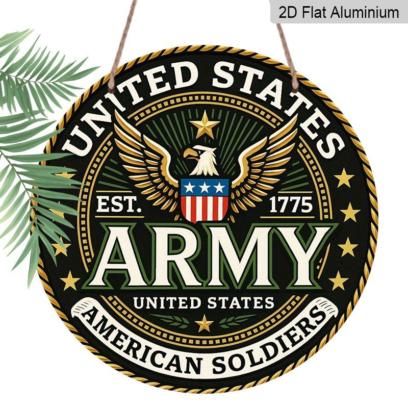 2D Flat, 1pc Round Aluminum US Army Metal Sign, "United States Army" Patriotic Wall Art with Eagle & Crest, Durable, Easy to Install, Perfect for