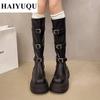 Platform Flats Women Knee High Boots Leather Shoes Luxury Brand  Winter New Fashion Chelsea Boots Motorcycle Zip Botas Mujer