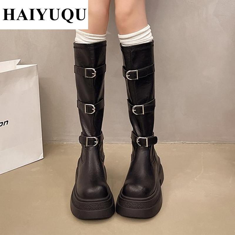 Platform Flats Women Knee High Boots Leather Shoes Luxury Brand  Winter New Fashion Chelsea Boots Motorcycle Zip Botas Mujer