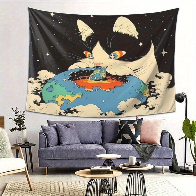 Fun cartoon cat pattern Digital printing polyester wall tapestry suitable for use in living rooms bedrooms offices bars party