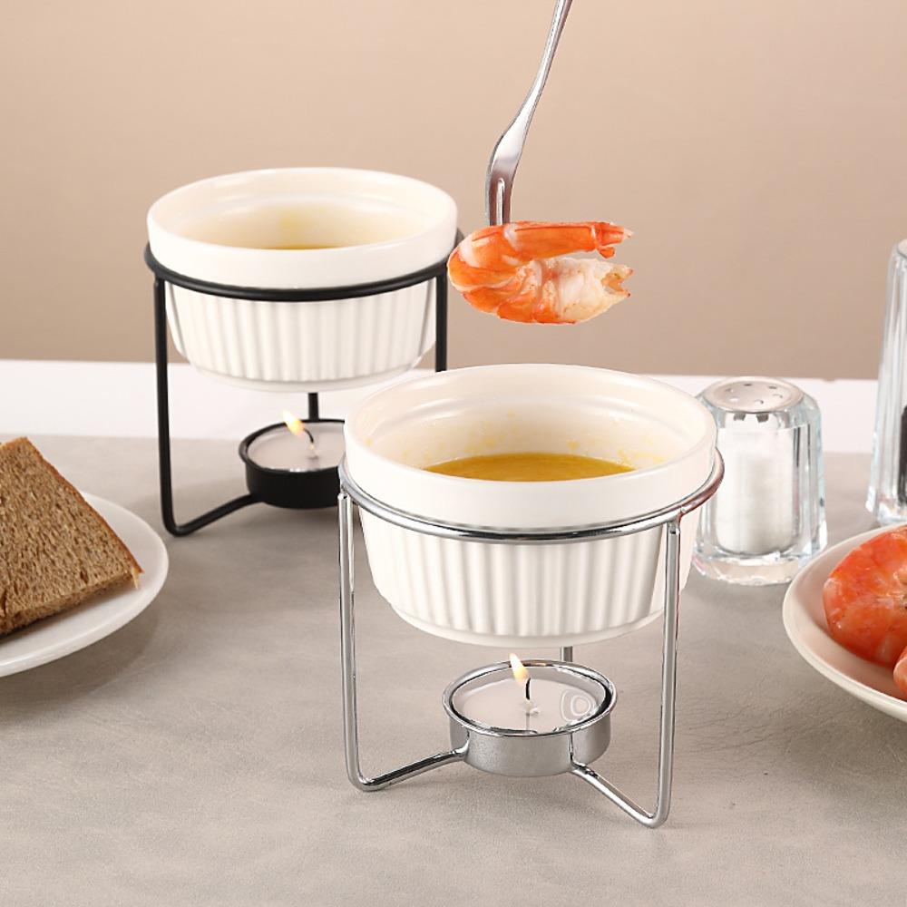 Ceramic Butter Warmer Fondue Pot Stable Metal Rack Chocolate Heater Pot Cheese Melting Pot Dessert