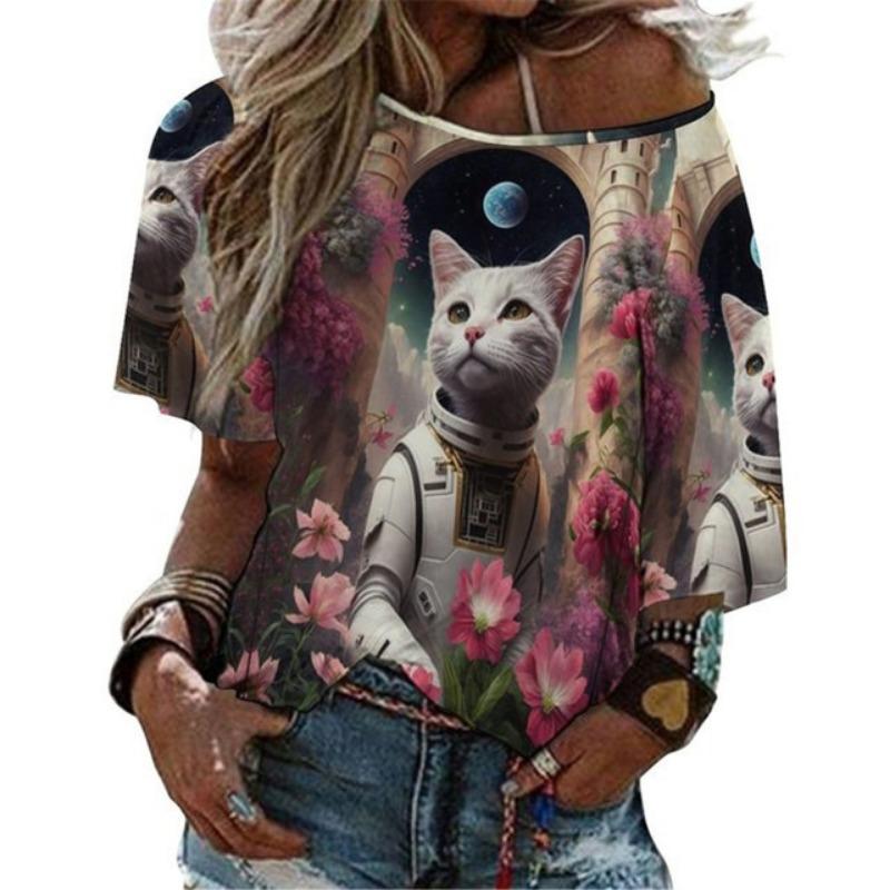 Летняя женская футболка с круглым вырезом, модная уличная футболка с коротким рукавом, 3D-принт с изображением кота, женская одежда больших размеров