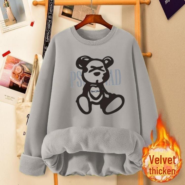 2024 Autumn Winter Women Fashionable Velvet Thickened Cartoon Print Loose Fit Round Neck Sweatshirt Top