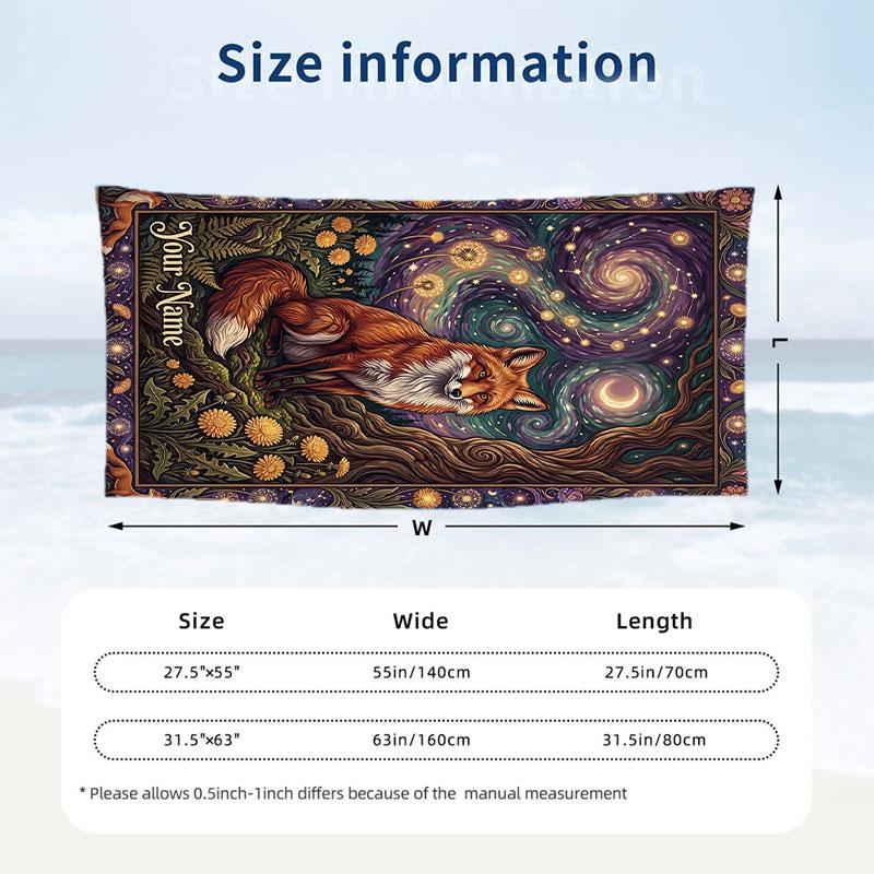 Fox Owl Flowers Theme Quick Dry Beach Towel Custom Name Text Print Large Sand Resistant Towel Beach Vacation