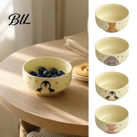 Lovely Animal Pattern Tableware Cute Ceramic Bowl, 400ml Large Capacity Soup Bowl for Rice Salad Oatmeal Cream Style Dessert Bowls Breakfast