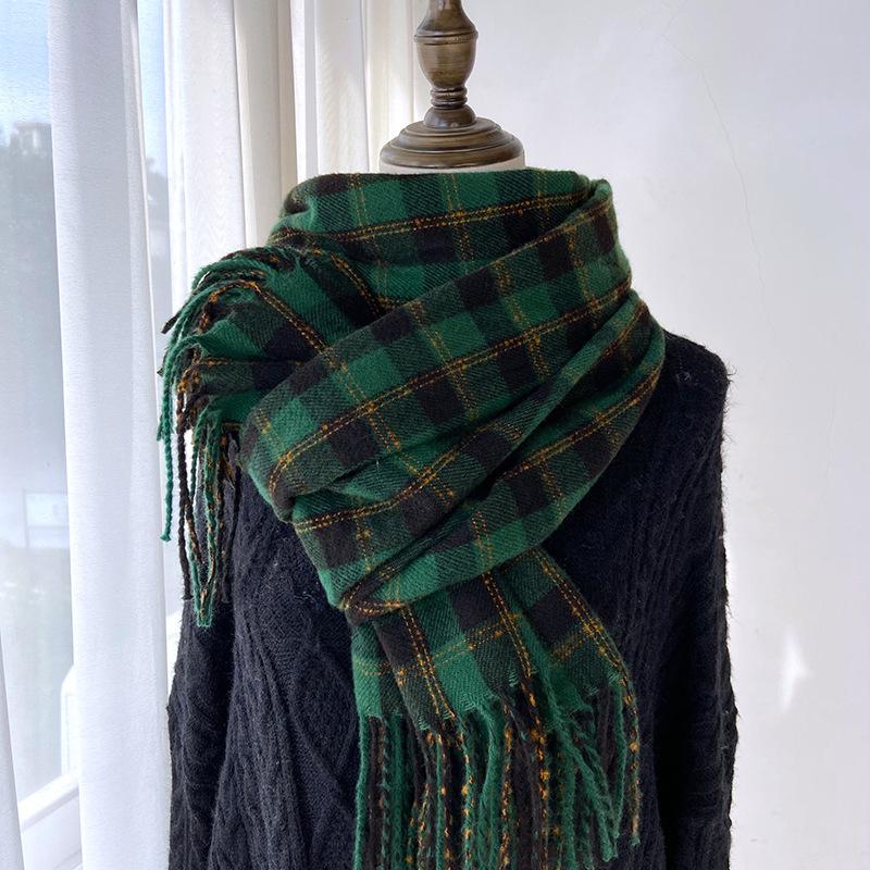 Plaid Scarf Women's Autumn and Winter New Retro Shawl Imitation Cashmere Warm Fringed Scarf