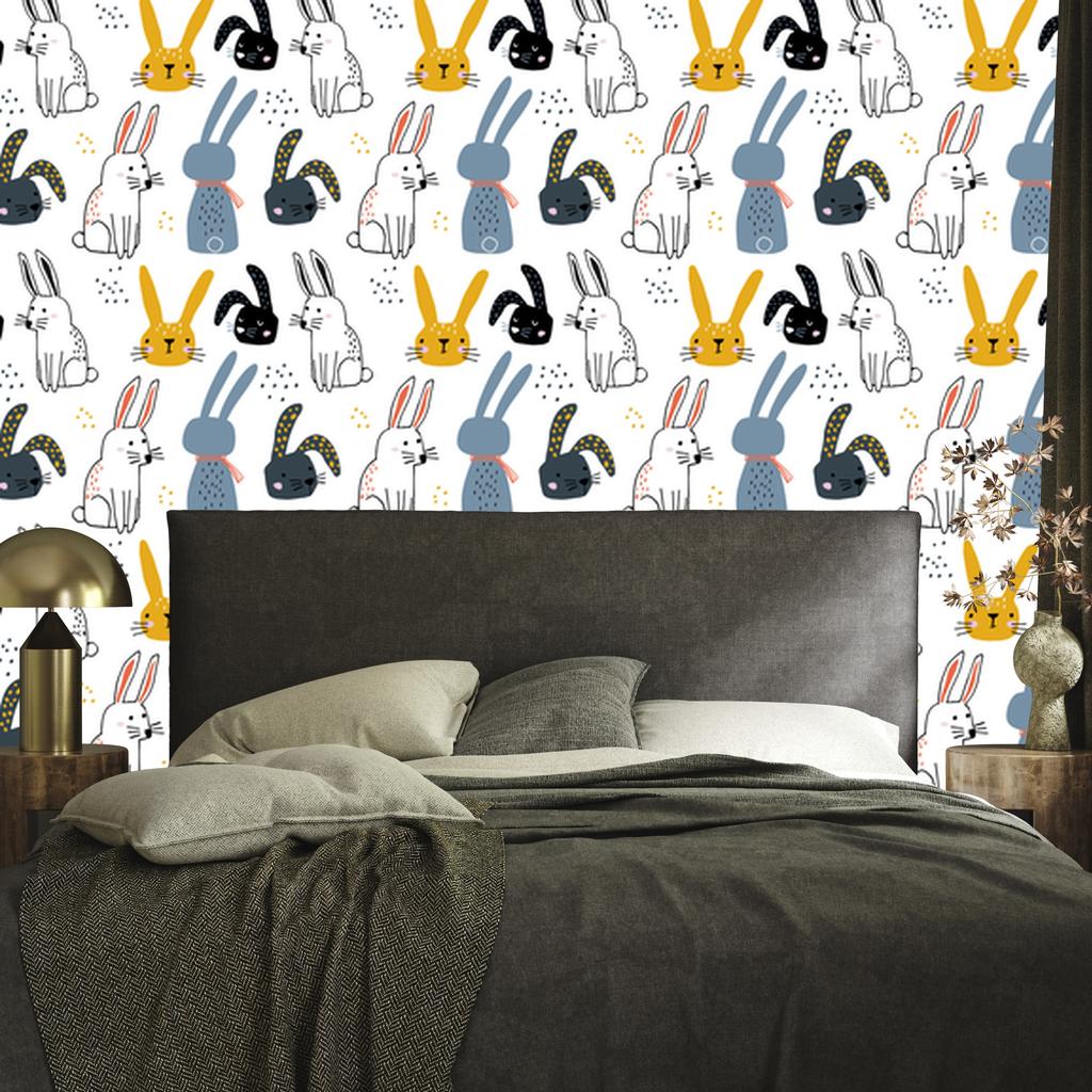 Wallpaper Rabbits on a white background for the living room and bedroom 50x1000