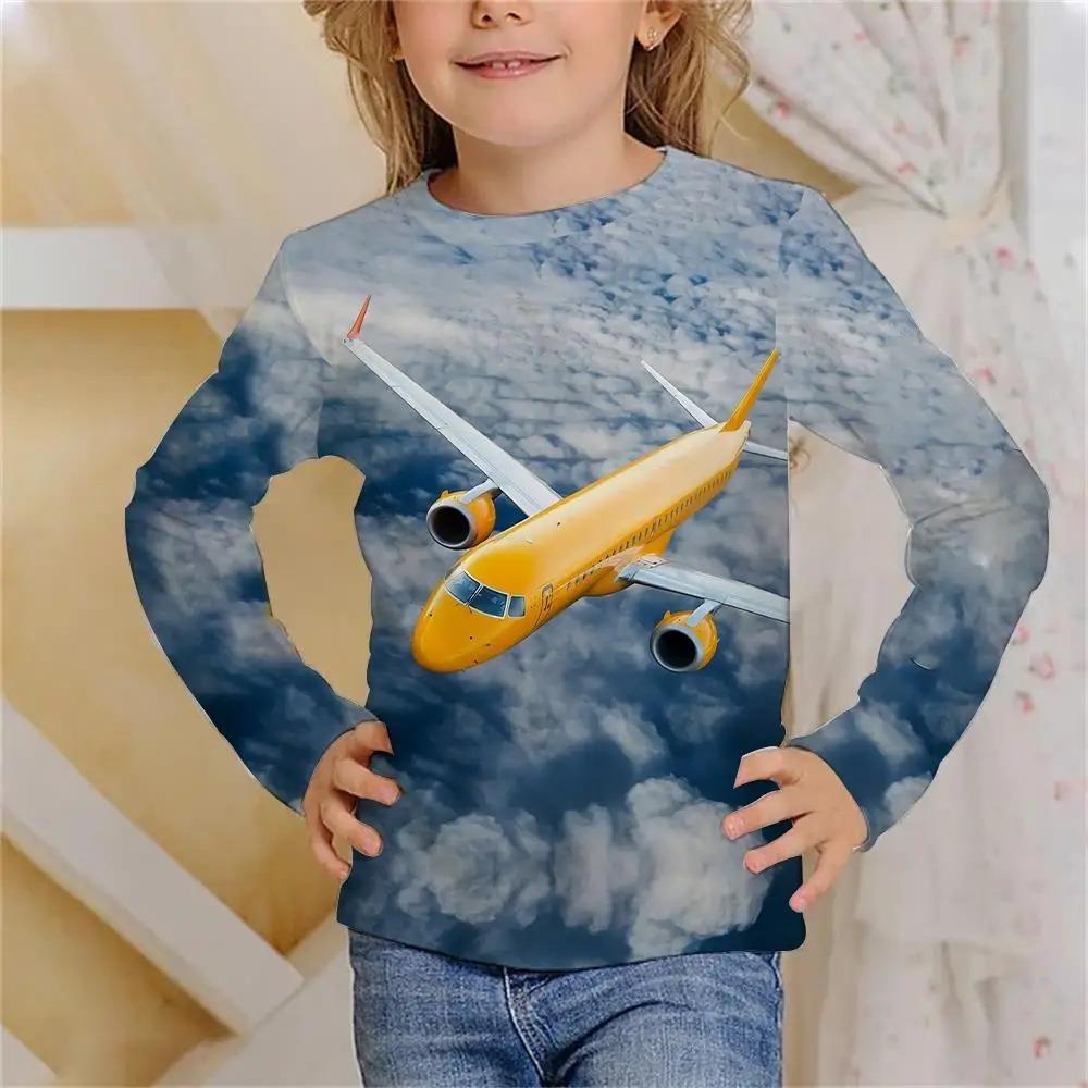 Children's Airplane 3D Digital Printing Girl Fun and Fashionable Round Neck Long Sleeved T-shirt