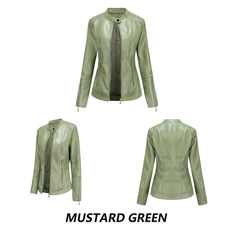 Women's Navy Blue Stand Collar PU Leather Jacket - Lightweight Spring/Autumn Fashion Coat