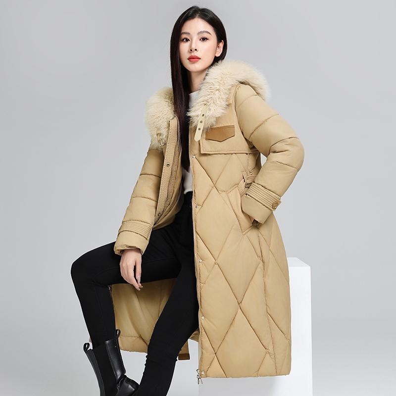 Элегантное и стройнящее длинное пуховое пальто с большим меховым воротником для женской зимней моды