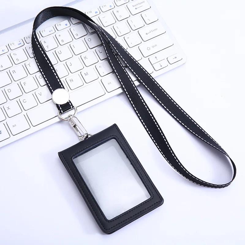 Fashion PU Business Credit Card Id Holders Wallet Case PU Badge Card Holder with Neck Strap Lanyard School Office Supplies