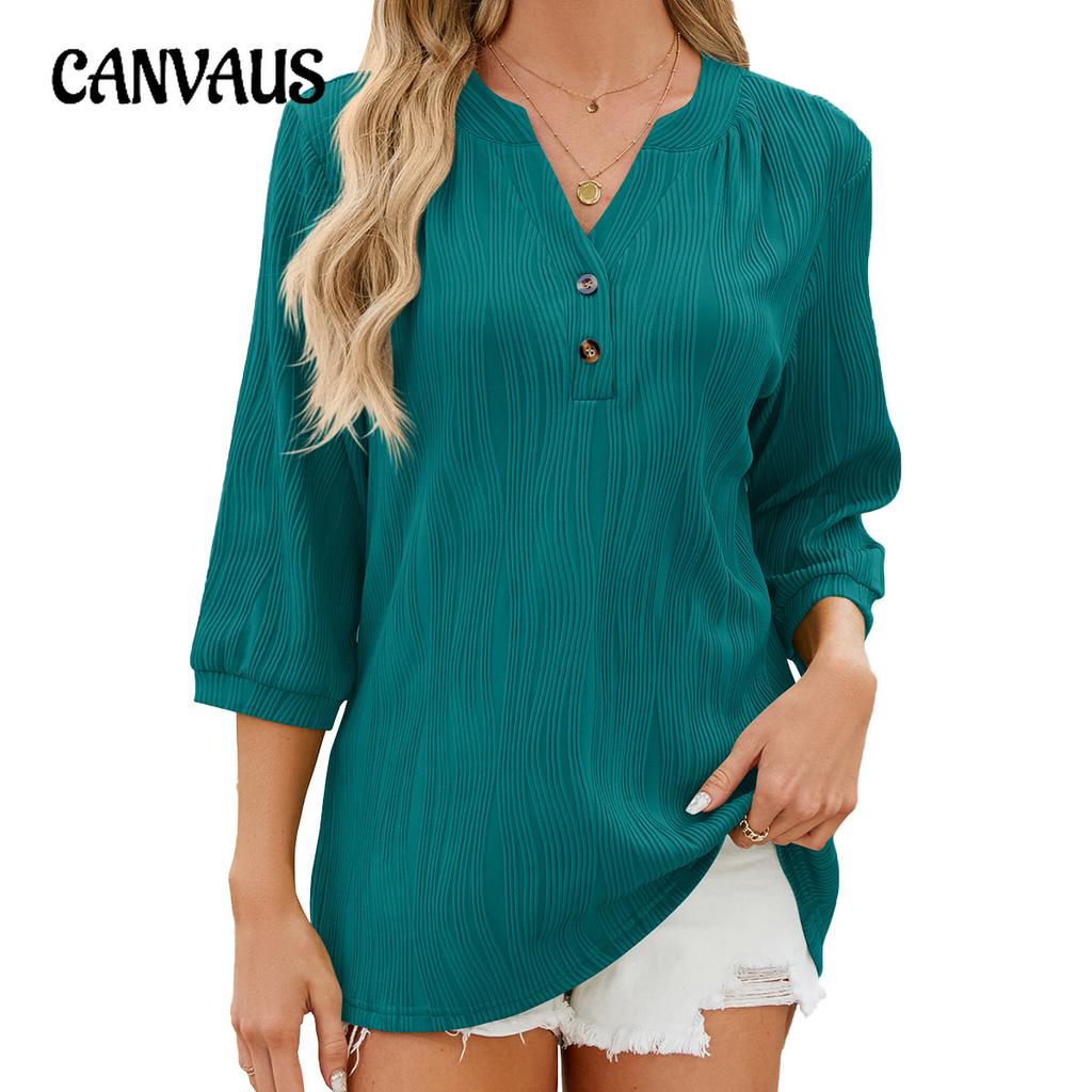 Spring and Summer Women's T-shirt Solid Color V-neck Loose Button Mid-sleeve T-shirt Top
