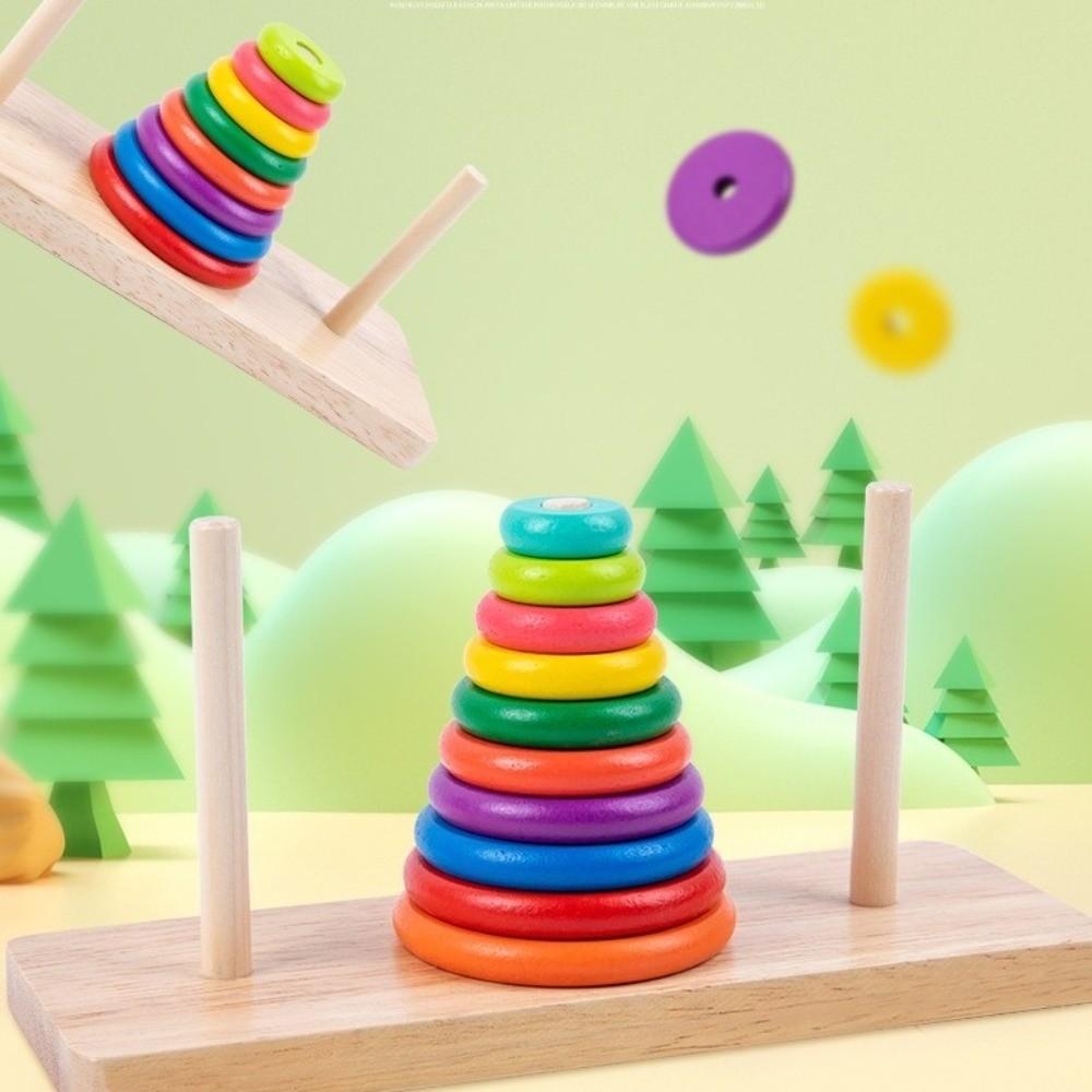 10 Rings Wooden Puzzle Stack Tower Classic Mathematical Toy Educational Toys  Color Cognition