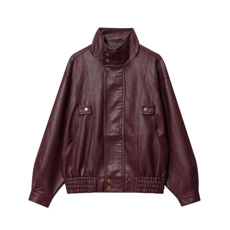 Womens Loose Fit Faux Leather Moto Jacket Street Style Casual All-Match Outerwear