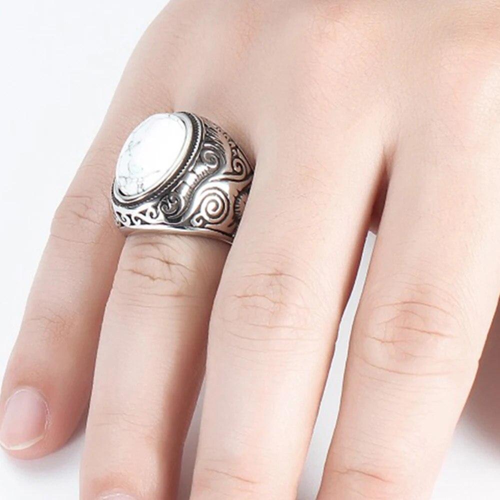 Оптовая продажа, ретро-ювелирные изделия, кольца с бирюзовым камнем для мужчин, инкрустация из титановой стали, трехцветное кольцо из оникса, мужское кольцо с властным опалом