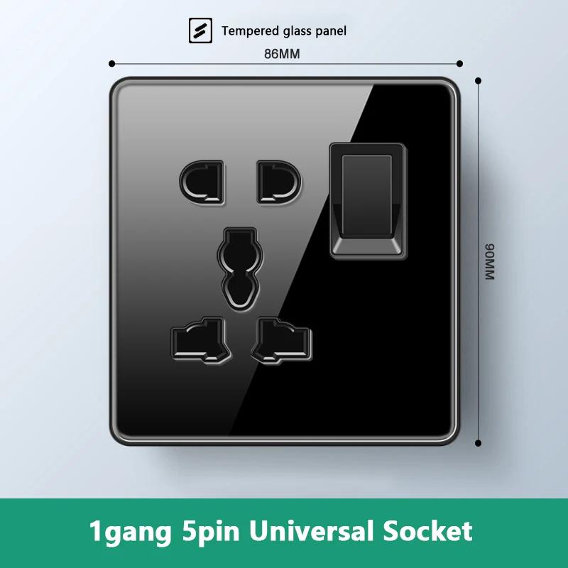 Роскошный настенный выключатель света из закаленного стекла, черная вилка UK 13A, универсальная настенная розетка с USB, 220 В, 1-канальный двухпозиционный переключатель скорости