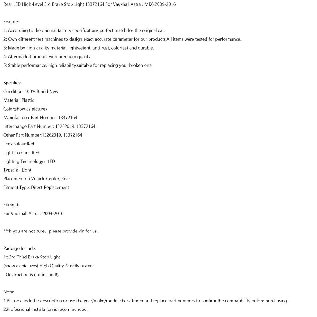 Rear LED High-Level 3rd Brake Stop Light 13372164 For Vauxhall Astra J MK6 09-16