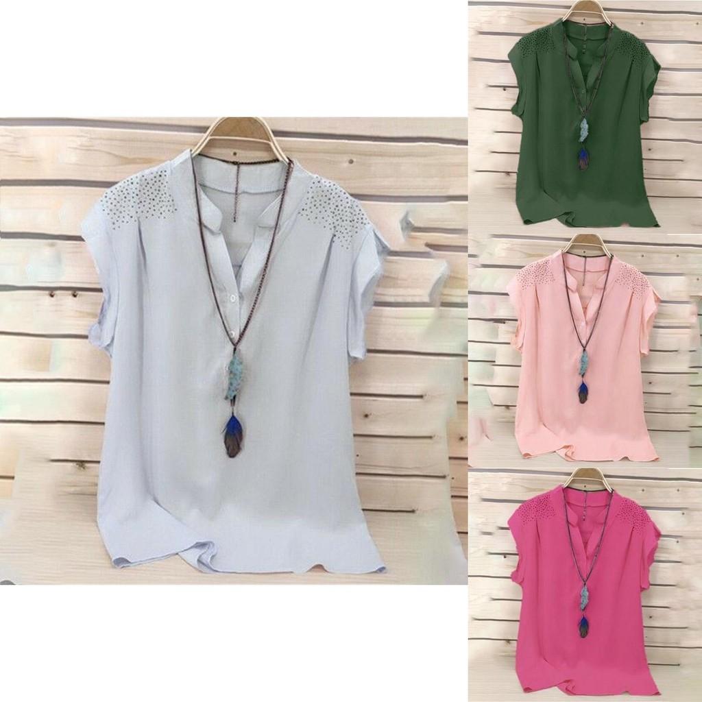 Elegant Womens Summer Button V Neck Short Sleeve T Shirt For Plus Size Ladies