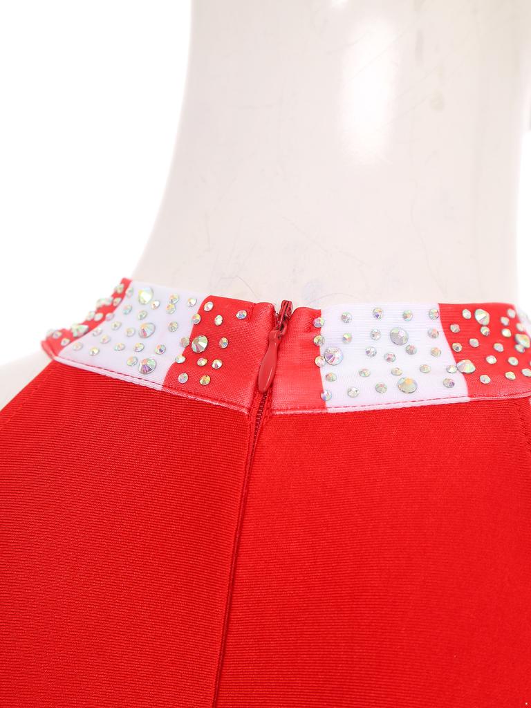 Womens Circus Ringmaster Bodysuit Glittery Rhinestone Color Block Sleeveless Leotard Fingerless Gloves Gymnastic Dancewear