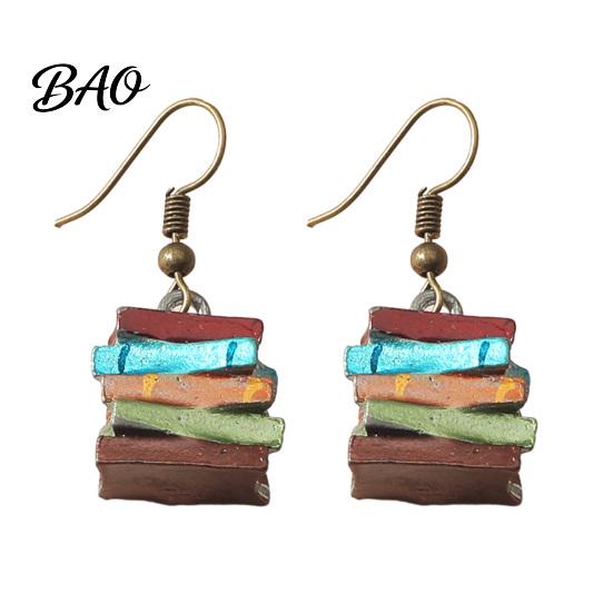 Handmade Resin Earrings 1 Pair Women Earrings, Retro Mini Stacked Book Design Hook Lightweight Literary Drop for Jewelry Gift