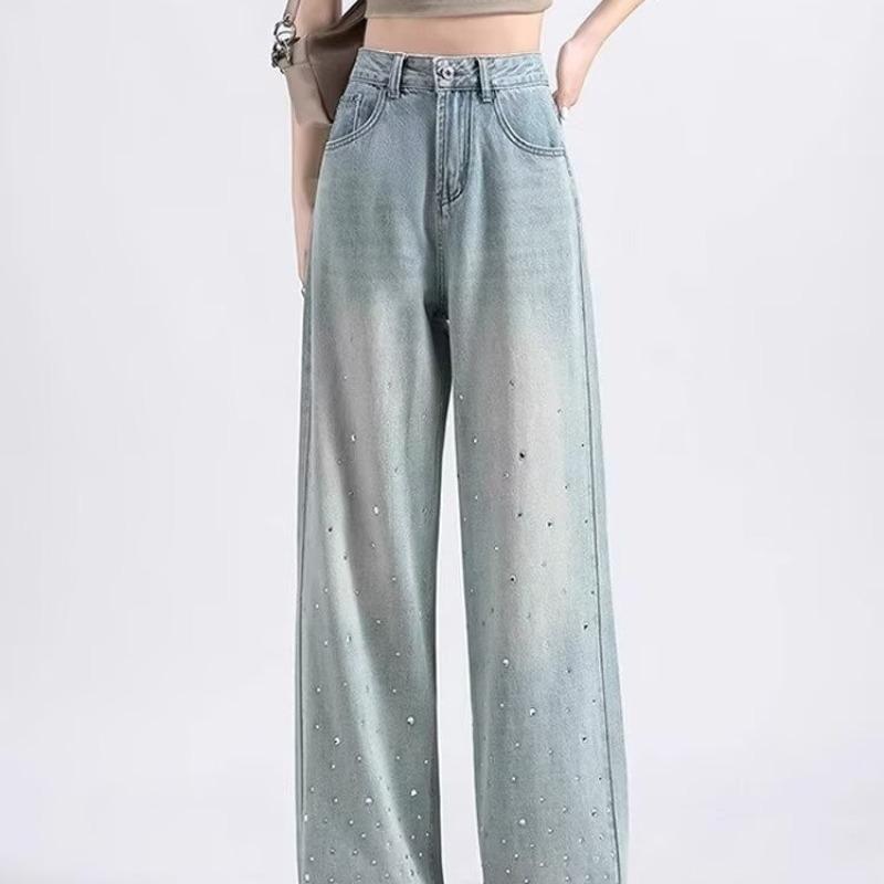 Весна и Осень 2025 Женские Джинсы с Высокой Посадкой, Светлые, Широкие от Бедра: Трендовые Универсальные Стройнящие Прямые Брюки с Дизайном Горячей Отделки.
