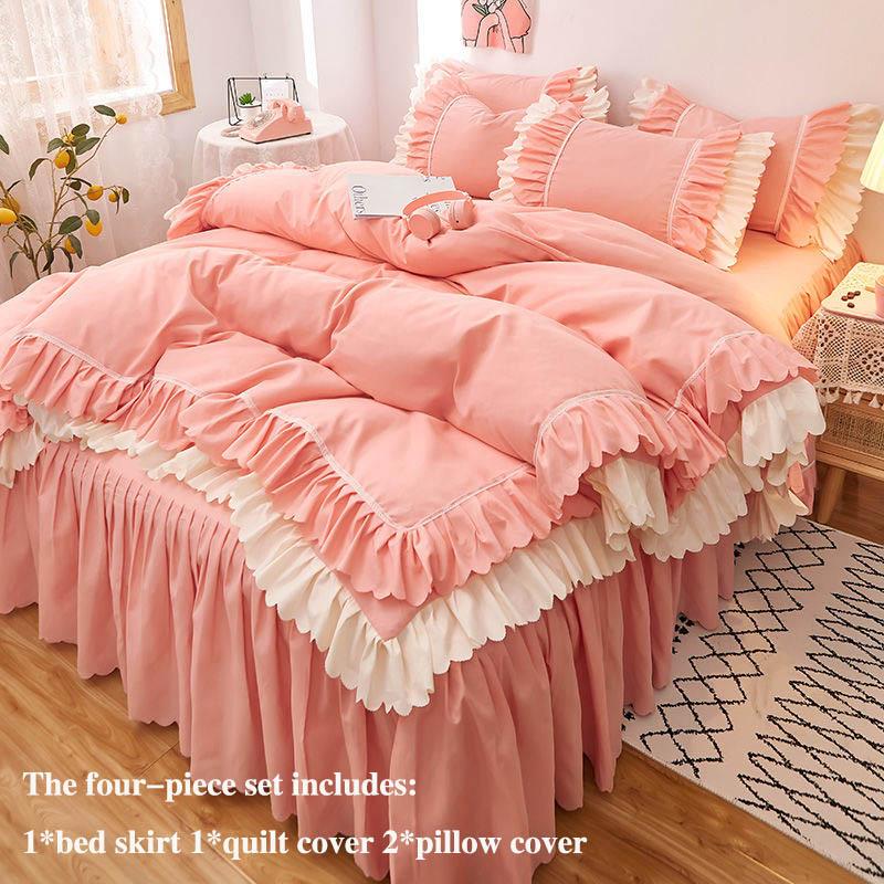 Four-piece Bed Skirt Thick Brushed Korean Style Bed Skirt and Quilt Cover Three-piece Princess Style Bedding